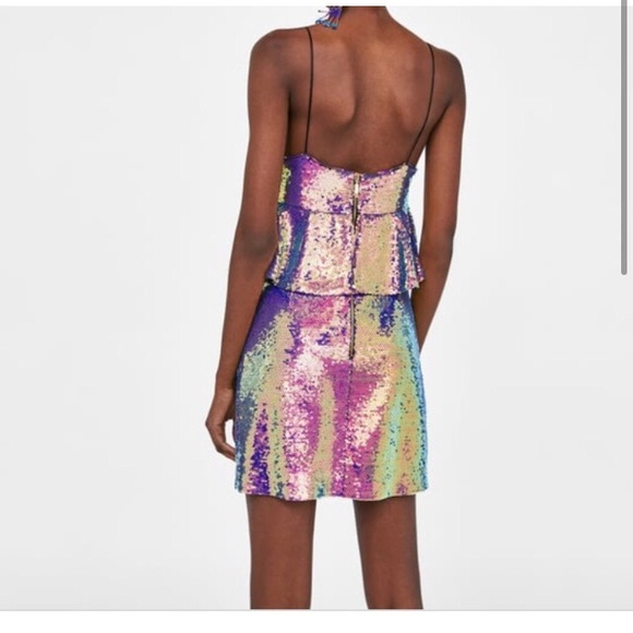 “Zara" gorgeous multi-colored sequined mini dress w/ spaghetti straps & peplum - Picture 5 of 16